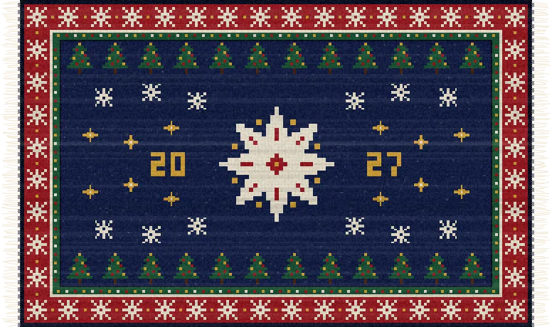 Lapland New Year: the rug shown from the New Year pack, midnight blue with a red snowflake border, decorated pine trees, a large ivory Nordic star and the year 2027
