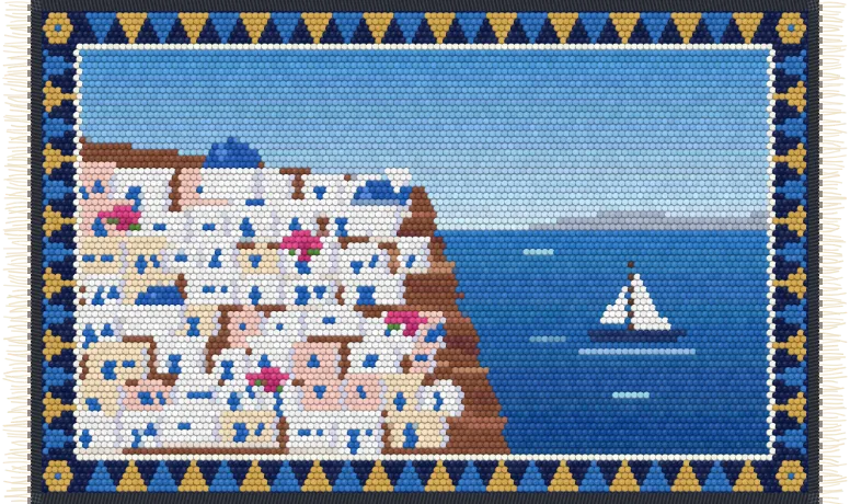 Santorini, a hooked wool picture rug of white houses with blue domes over the sea, from Desktop Carpet's Mediterranean Pack